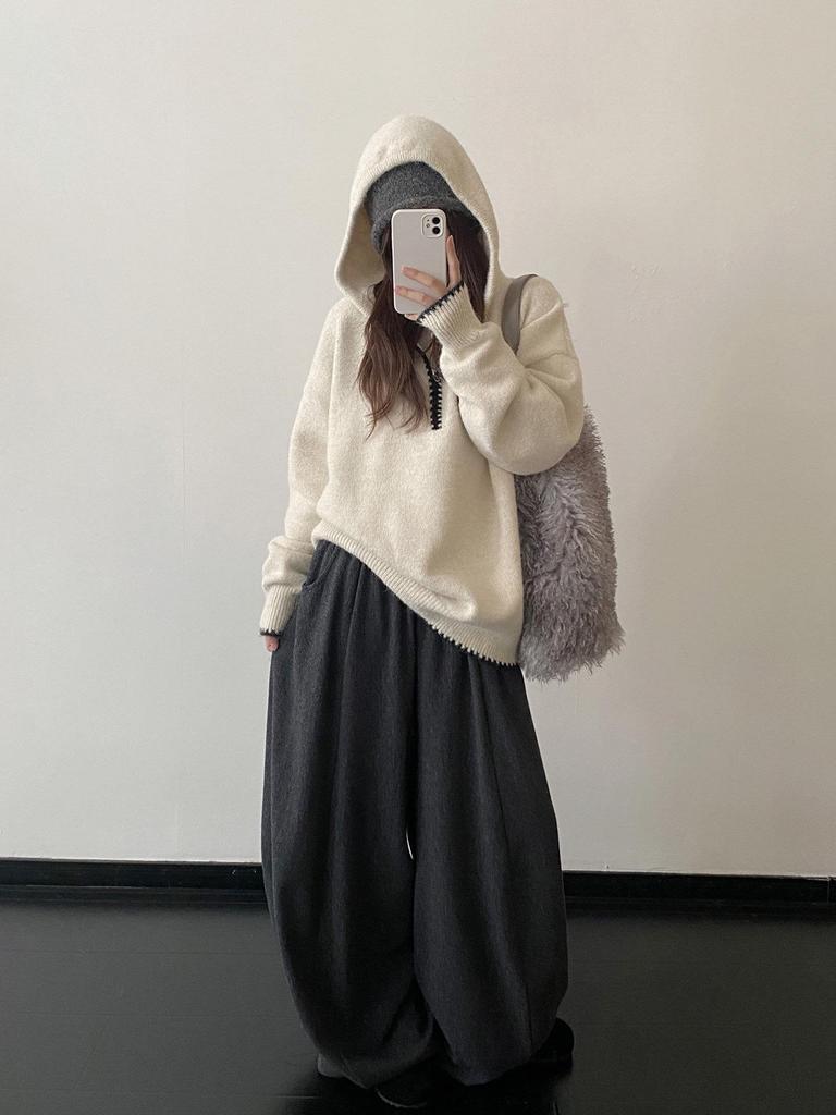 Korean Style Women's Hooded Sweater - Autumn/Winter High-End Knitwear with Unique Design, Long Sleeves, Cozy Fit