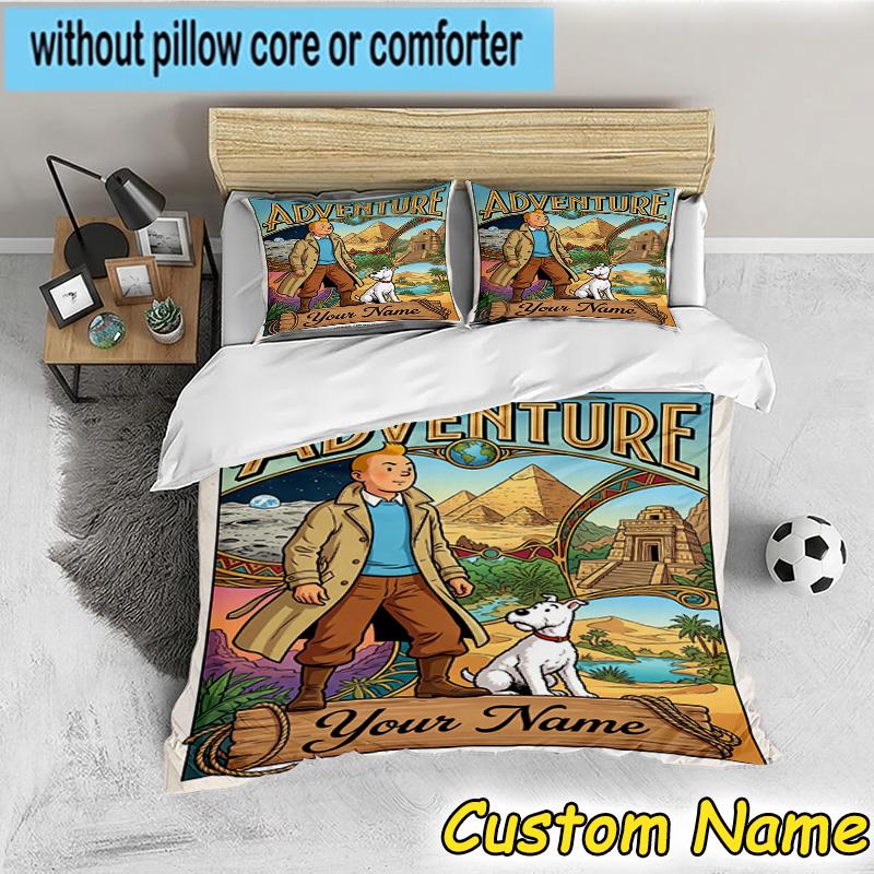 3pcs Custom Name Tintin's Adventure City Bedding Set Includes 1 Duvet Cover & 2 Pillowcases for All Seasons Dormitory Home Decor Christmas gifts