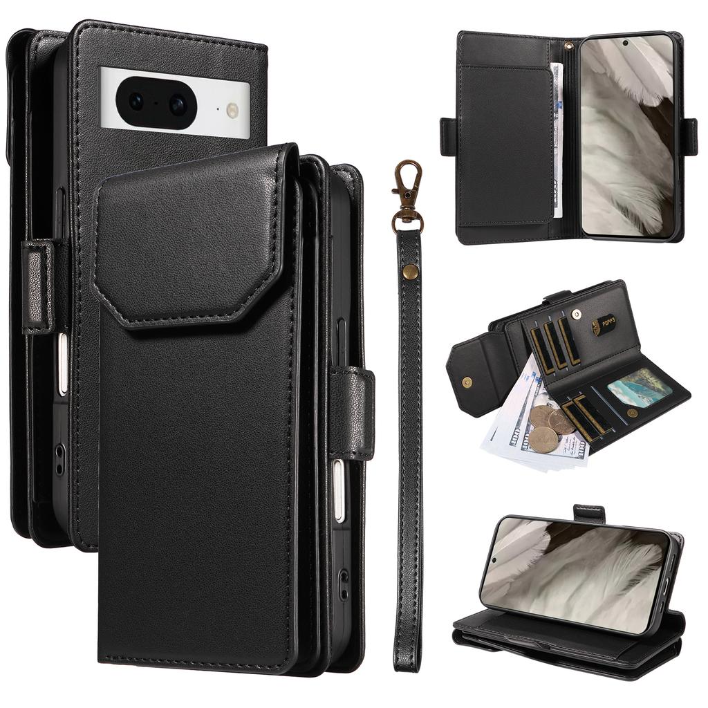 For Google Pixel 8 Case with Multi-Card Holder and Strap PU Leather Phone Cover Stand