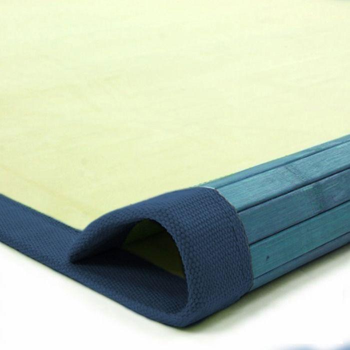 Bambusteppich Latten und blaue Borte 70x120