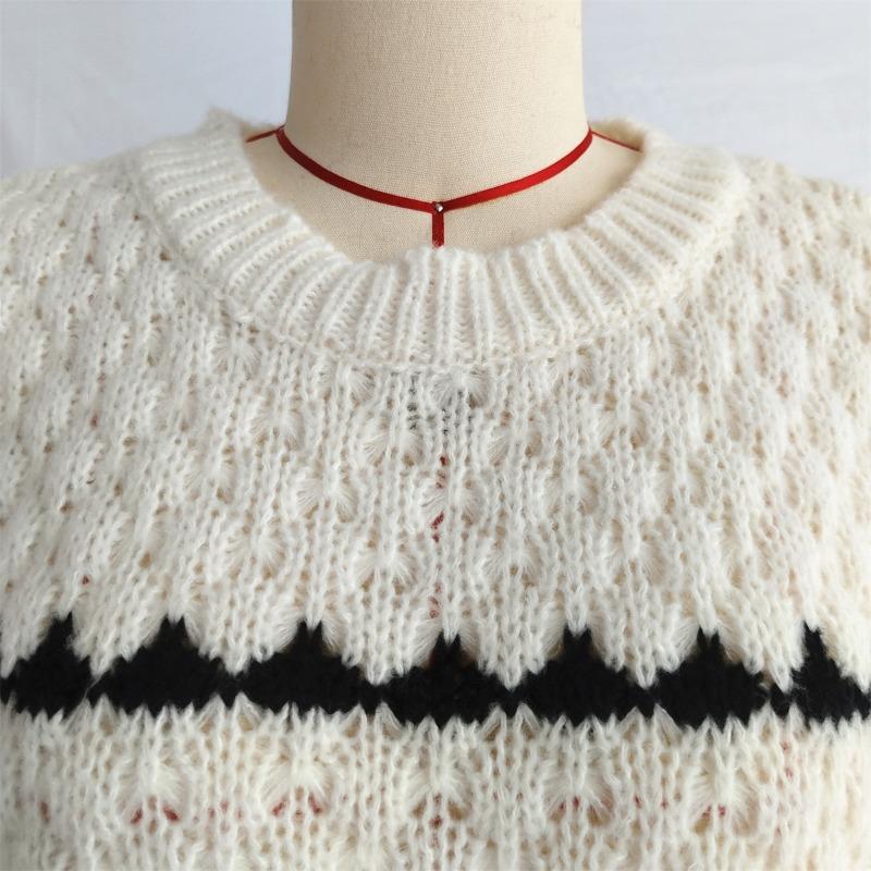 Women Autumn Winter Contrasting Crochet Knitted Sweater Casual O Neck Lantern Long Sleeves Loose Pullover Chic Lady Street Tops