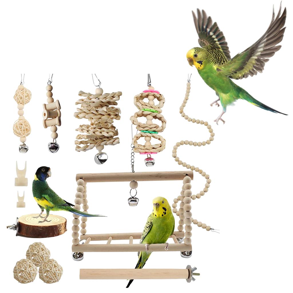 13 kusů hraček pro ptáky 13 kusů hraček z masivního dřeva pro papoušky Hračky z přírodního dřeva houpačky a bidýlka pro klec pro ptáky Hračky na kousání a lezení pro klec pro ptáky