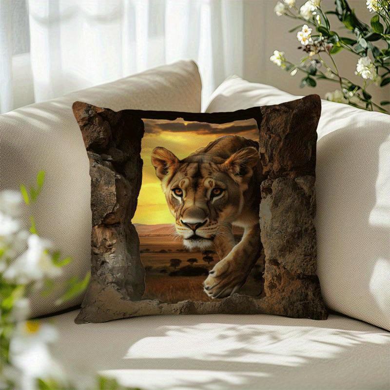 Wildlife Safari Style Pillow Covers, Realistic Lioness In 3D Wall Breakthrough Print Cushion Cases, Cozy Home Decor For Bedroom