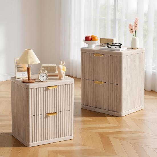 Moderner Beistelltisch Rillierter Nachttisch, Großer Nachttisch mit 2 Schubladen, Holz Nachttisch mit 2 Schubladen und Abgerundeten Ecken, Metallgriff für Schlafzimmer, Wohnzimmer