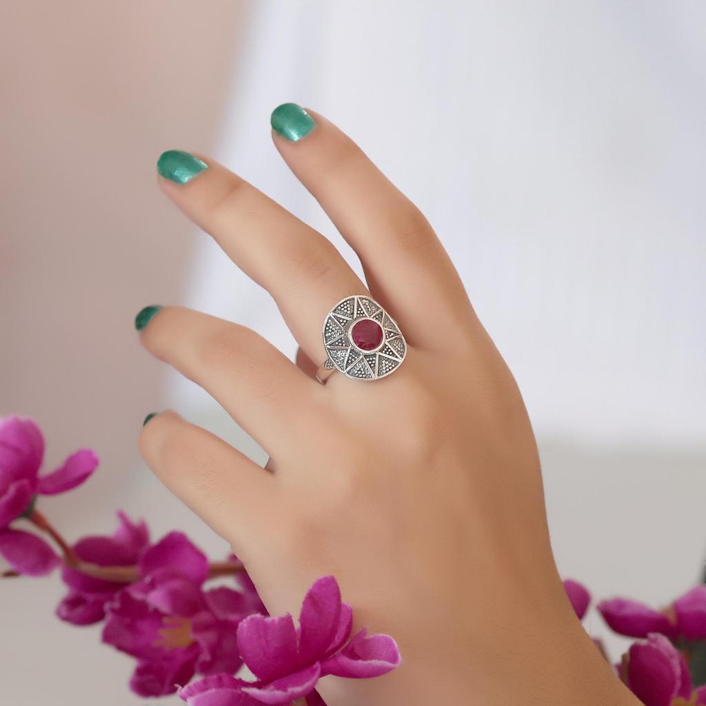 Lab Created Ruby Silver Ring, 925 Sterling Silver Handmade Jewelry, Silver Ring, Unisex Jewelry Ar8938