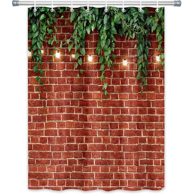 Stone Brick Wall Shower Curtain, Green Leaves Shower Curtain Set for Bathroom, Vintage 3D Vine with Lights Fabric Shower Curtain Restroom Bathtub
