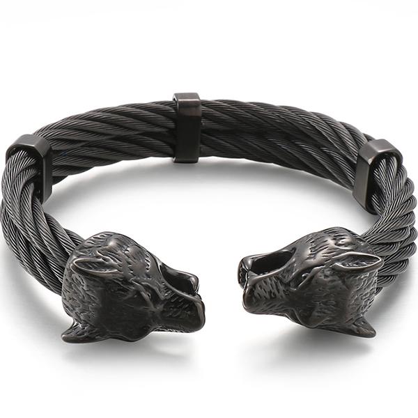 Gotisch Goldfarbe Edelstahl Wolf Löwenkopf Offener Armreif Manschettenarmband für Mann Herren Männlich am Handgelenk Schmuck Zubehör