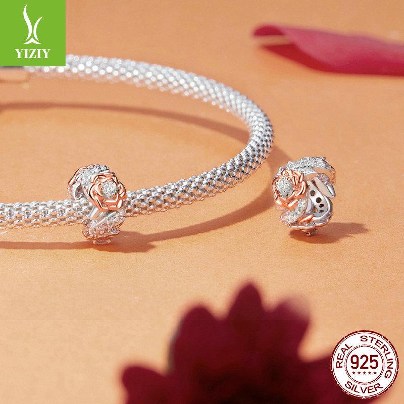 Rose Gold-Plated Rose Diy Bracelet Beads, Romantic High-End S925 Silver Beads Loose Beads
