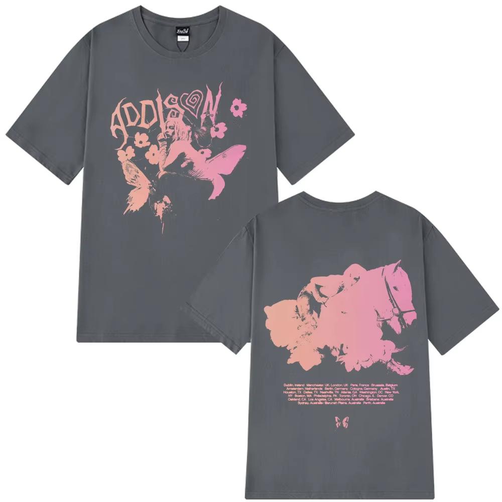 ADDISON RAE Koszulka z Graficznym Wzorem z Trasy Vintage Męska Damska Modowa Estetyczna Koszulka Krótki Rękaw Bawełna Koszulki Harajuku