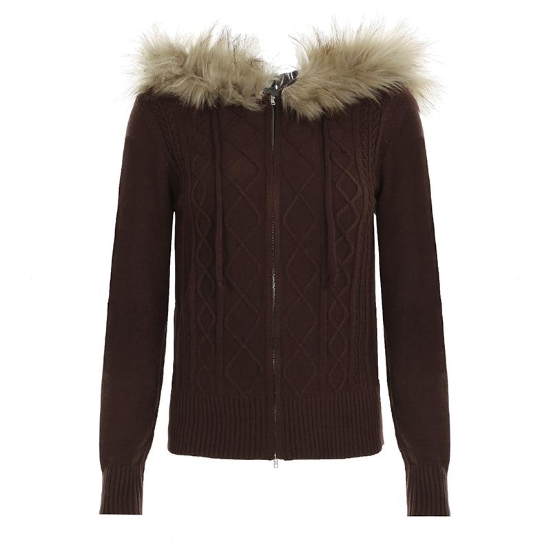 Furry Hooded Knitwear Hoodies Y2k Streetwear Full Sleeve Zip-up Women's Sweatshirts Korean Fashion Outwears Ladies
