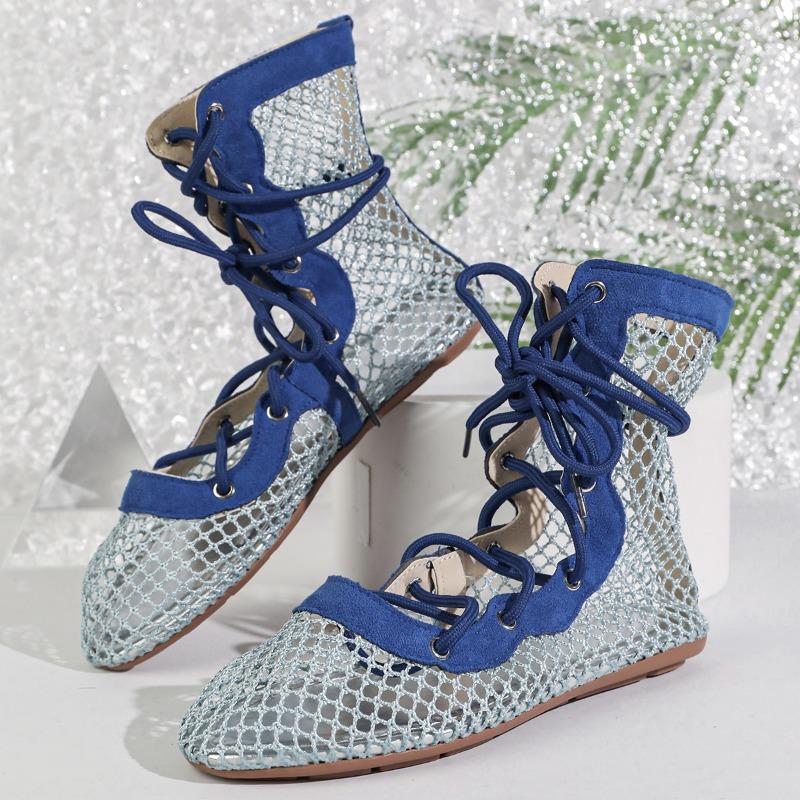 

New plus-size retro flat sandals, summer breathable mesh hollow cross strap sandals for women 42 синій