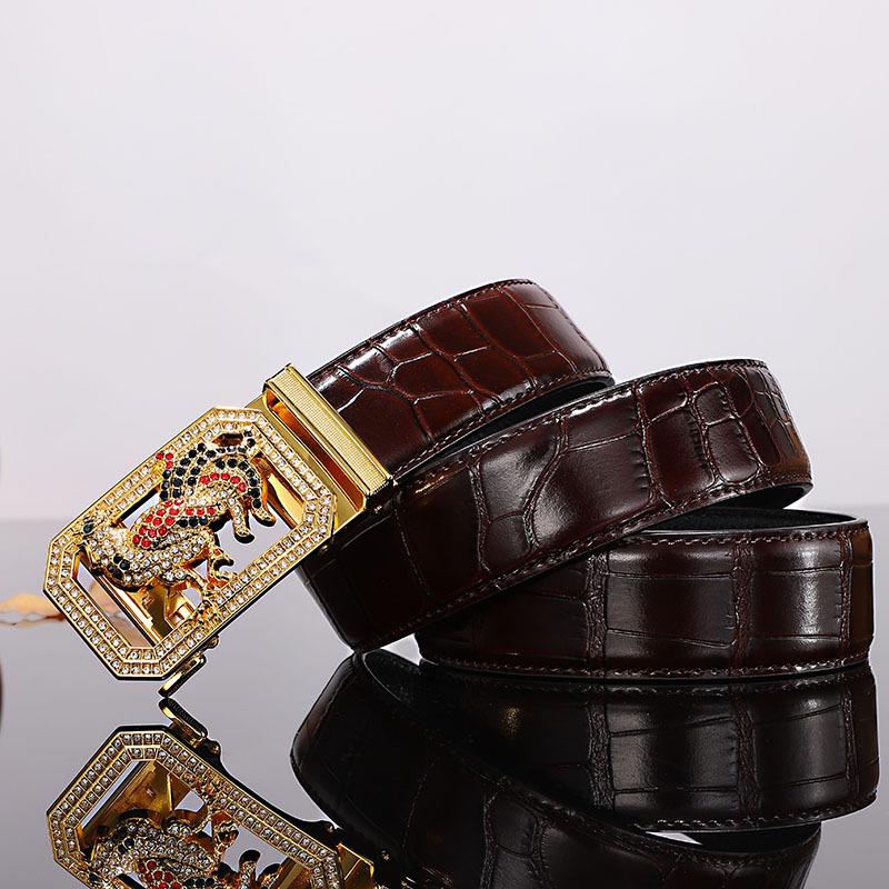 Cinto masculino de couro fivela automática primeira camada couro de vaca doze zodíaco botão cabeça crocodilo padrão cinto masculino