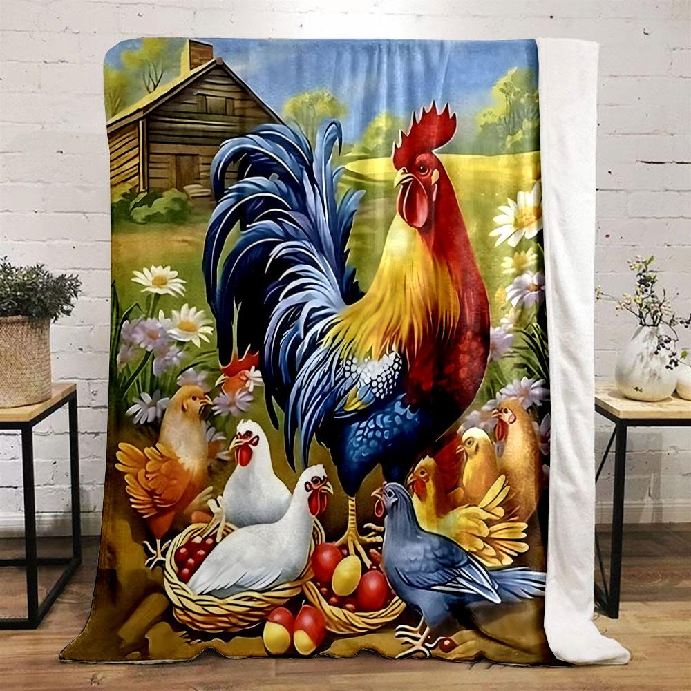 Rooster and Chickens On Farm Scene Print Blanket Soft and Cozy Perfect for the Living Room Bed Sofa or a Nap,gift