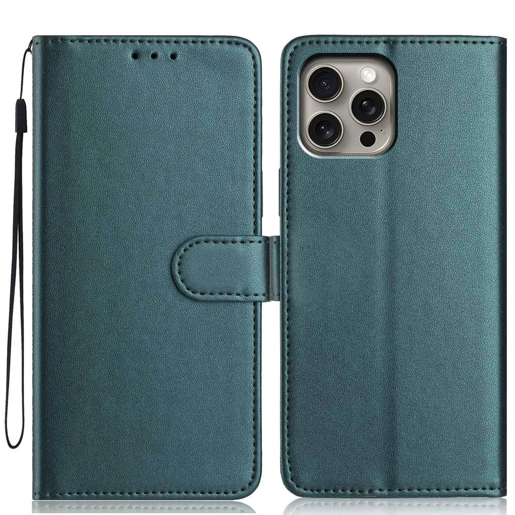 For iPhone 15 Pro Max Wallet Case with Strap/Multiple Card Slots Solid Color Leather Stand Phone Cover