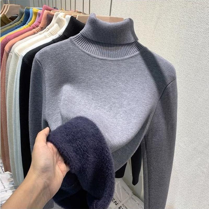 Winter High Collar Solid Color Velvet Warm Bottomed Sweater Women Simple All-match Knitting Pullover Top