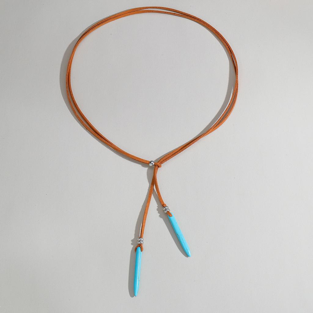Retro Geometric Turquoise Double Pendant Velvet Leather Y-shaped Women's Necklace
