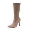 Khaki boots women's autumn and winter temperament suede stiletto pointed high heels short boots medium tube stacking boots