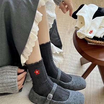 2025 Women's Mid-Calf Socks: Autumn/Winter Style with Little Red Flower Embroidery, Sweet Rabbit Velvet, Thickened for Warmth