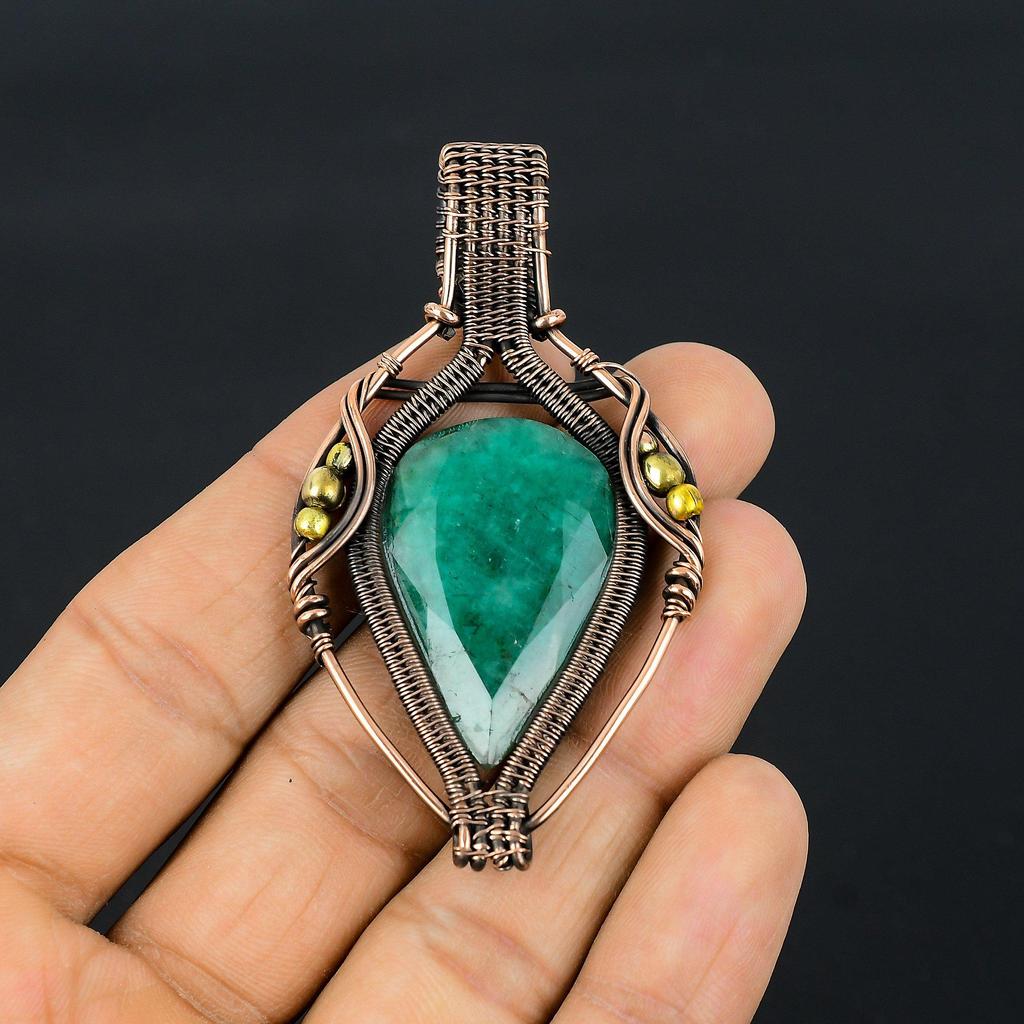 Emerald Pendant, 999 Copper Wire Wrapped Pendant Gemstone Jewelry, Handmade Pendant Amazing Jewelry, Gift For Her