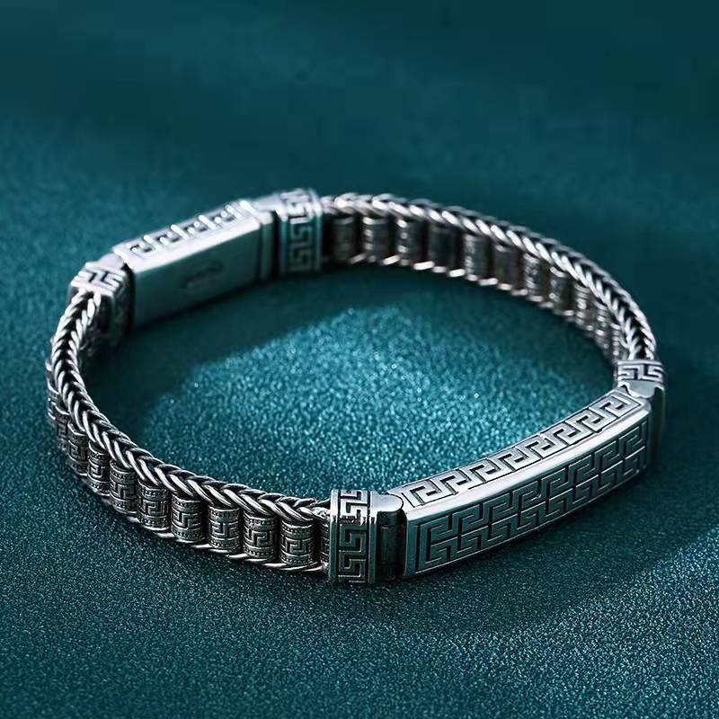 S925 Silver Braided Bracelet Men 'S Tide Thai Silver Retro Everything Personality Back Word Pattern Warp Bracelet Men 'S Style
