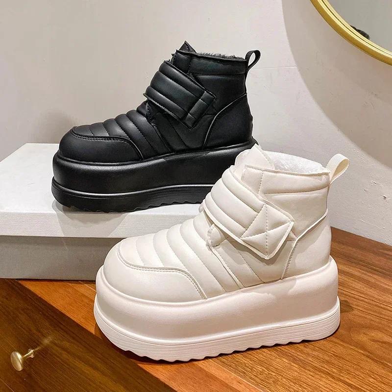 8CM Silná Podrážka Bavlněné Boty Dámské Sněhule Plyšové Teplé Zapínání na Suchý Zip Zvyšující Výšku Pohodlné Lehké Krátké Boty Botines