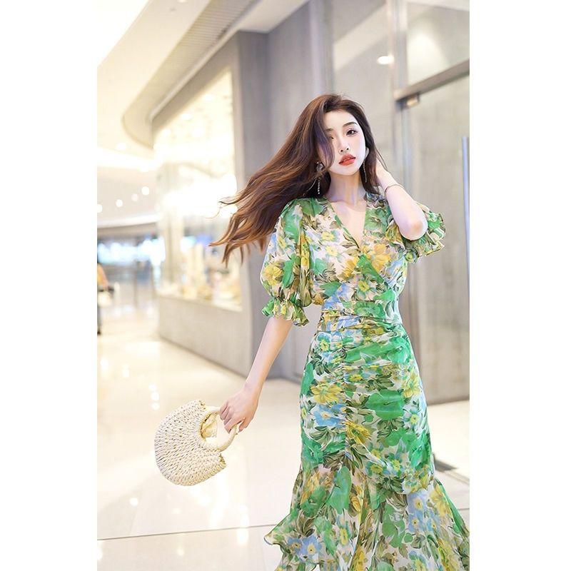 Summer Fashion High End Temperament Waist Cinching Dress Light Luxury Premium Dark Green Printed Casual Dress