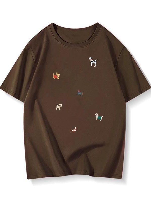 Damen Plus Size Retro Braunes Baumwoll-Kurzarm-T-Shirt - Altersreduzierend Stilvoll Lockere Passform