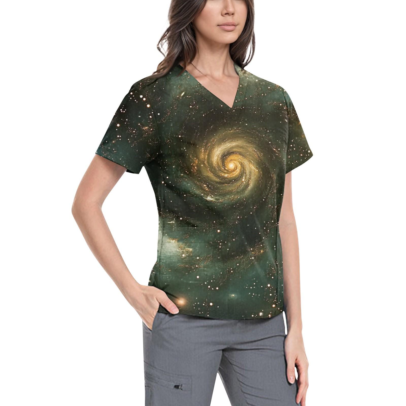 

Женская симпатичная принтованная рабочая одежда с V-образным вырезом, двухслойными карманами, базовым коротким рукавом, пуловером M