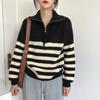 Fashion Lazy Han Fu Antique Version Turtleneck Contrasting Stripes Half Zipper Pullover Sweater Women's Autumn and Winter Wear Versatile Models