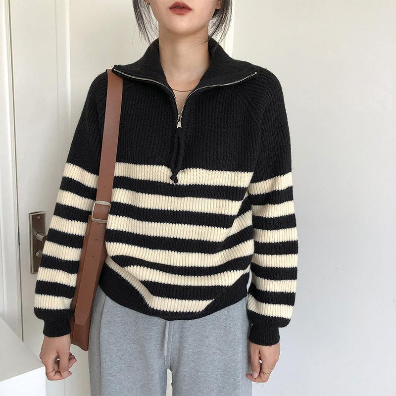 Fashion Lazy Han Fu Antique Version Turtleneck Contrasting Stripes Half Zipper Pullover Sweater Women's Autumn and Winter Wear Versatile Models