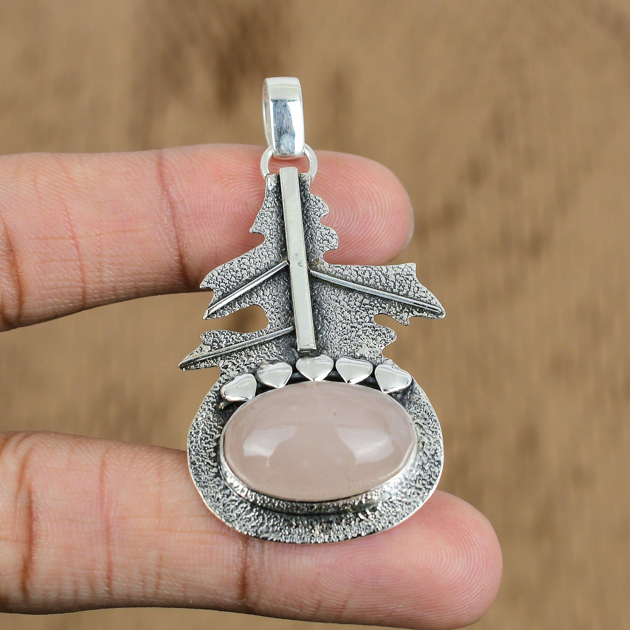 

Natural Rose Quartz Gemstone Pendant Pink 925 Sterling Silver Indian Jewelry