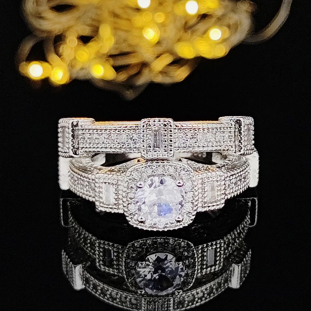 

European & American Luxury Round Zircon Diamond Women s Ring Set Size 8 белый