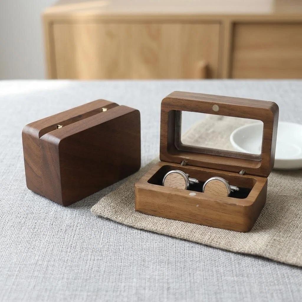 Solid Wood Black Walnut Window Opening Exquisite Cufflink Box Sleeve Nail French Cufflink Set Box Packaging Gift Box Accessories