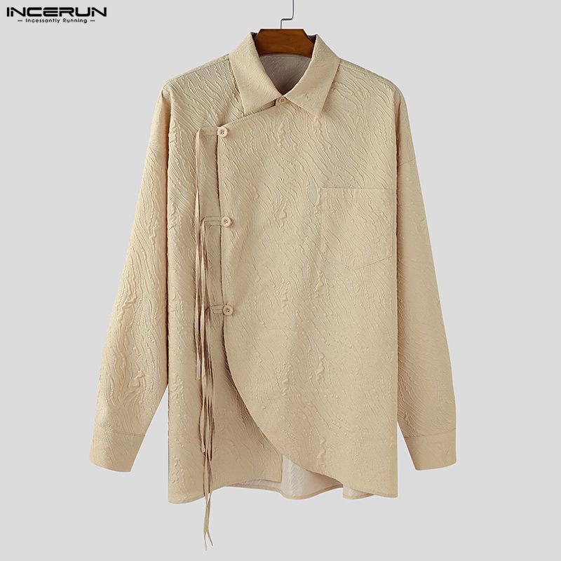 INCERUN Oversized Men Turn Down Collar Long Sleeve Side Cross Irregular Texture Shirts Tops