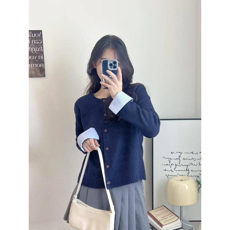 Autumn and Winter New Splicing Shirt Sleeves Knitted Cardigan Women's Loose Round Neck Versatile Temperament Sweater Jacket
