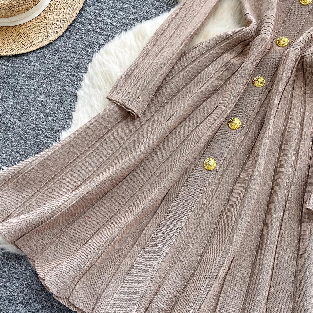 Autumn Winter High Waist Knitted Umbrella A-line Dresses 2025 New Buttons O-neck Long Sleeve Loose Sweater Dress Female