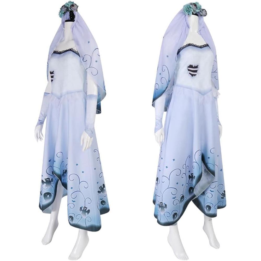 Women Bride Emily Cosplay Wedding Dress Corpse Emily Costume Dress Wig Veil Ghost Bride Suit for Halloween Party