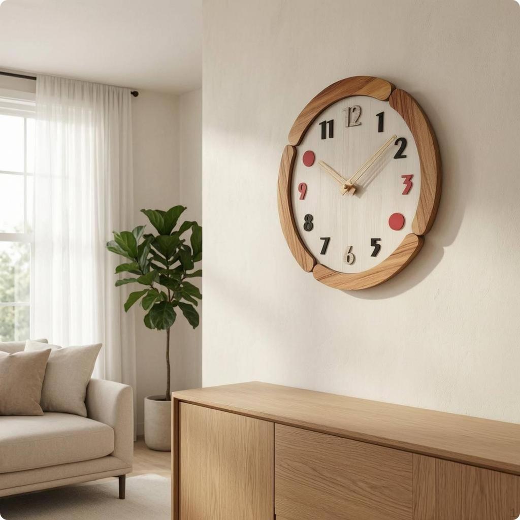 Wooden Wall Clock WoodGrain Raised Numerals Timepiece