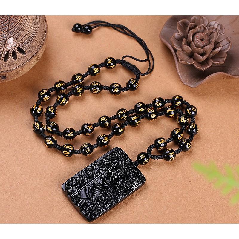 Natural Obsidian Guan Yu Pendant Necklace Men Hand-Carved Black Stone Amulet With Dragon Motif Chinese Cultural Style