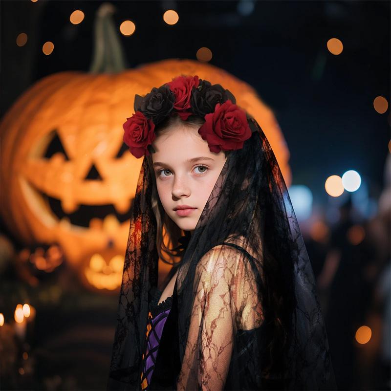 1PC Halloween Simulation Flower Cosplay Prop For Women Girls Headwear Costume Cosplay Rose Headband Lace with Black Veil