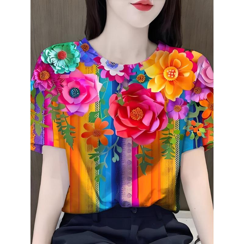 Summer Bestseller Beautiful Rose Flower 3D Print Short Sleeve Women's Fashionable round Neck T-Shirt Polyester Oversize