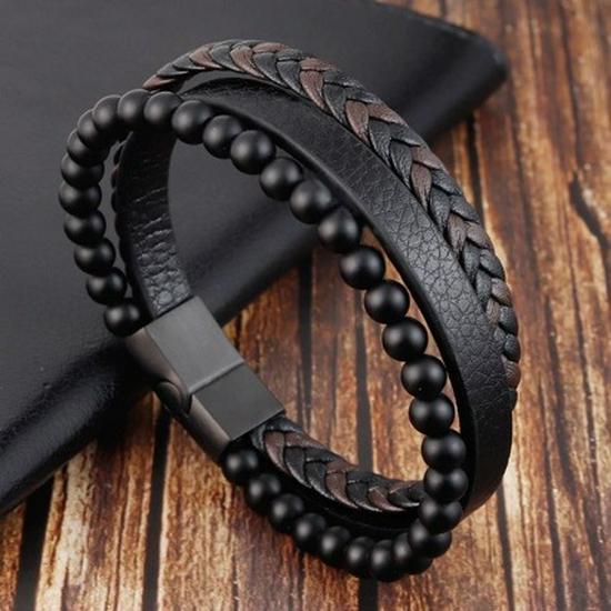 Men's Multi-Layer Leather Bracelet with Natural Volcanic Stone & Titanium Steel