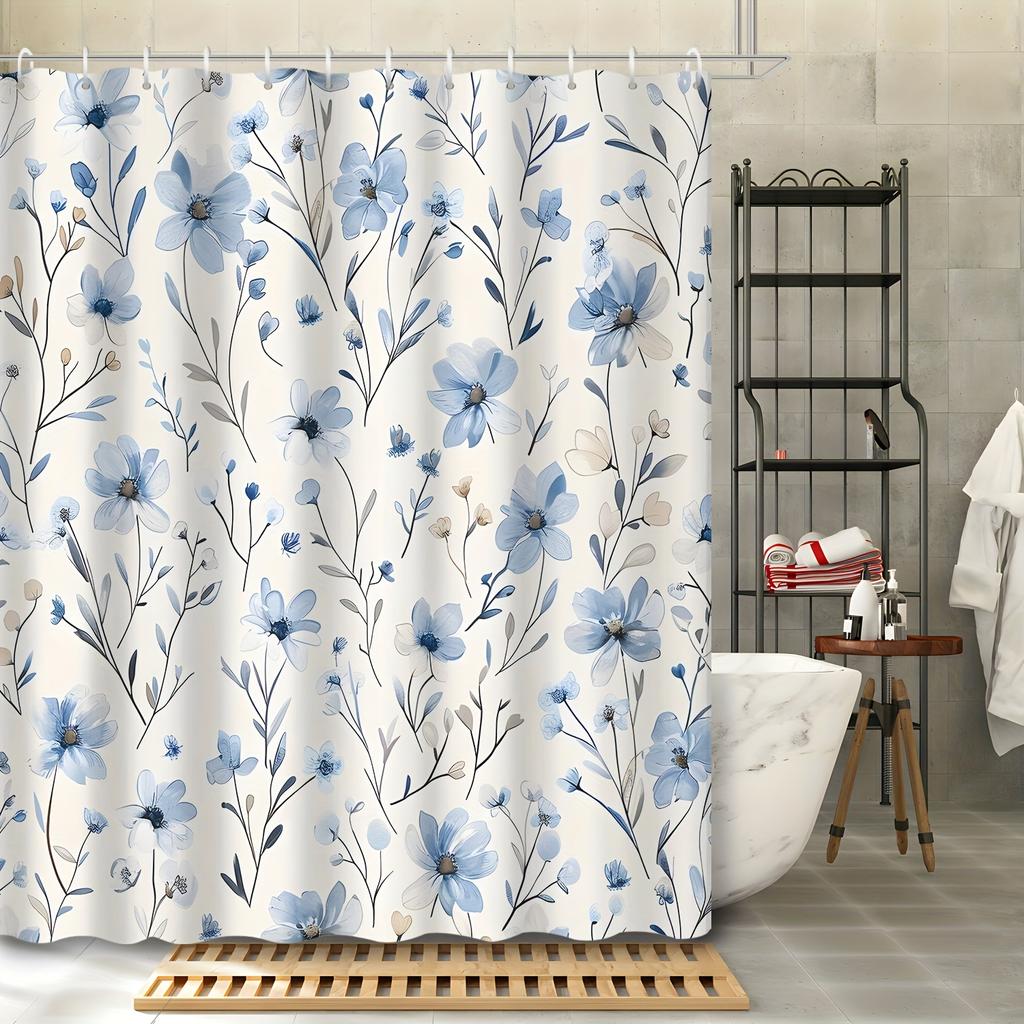 1Pc Blue Elegant Floral Botanical Small Flowers Textured Shower Curtain, Decorative Printed Shower Curtain With Hooks