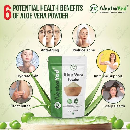 NeutraVed Organic Aloe Vera Powder for Hair, Face, and Skin - 100% Pure and Natural - 200g