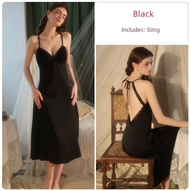 

Spring Pear Flower Dark Pattern Jacquard Lace Sling Nightdress Long dress Pajamas French style Cold Feeling Fairy Home Wear Black (single nightgown) 170 (XL)