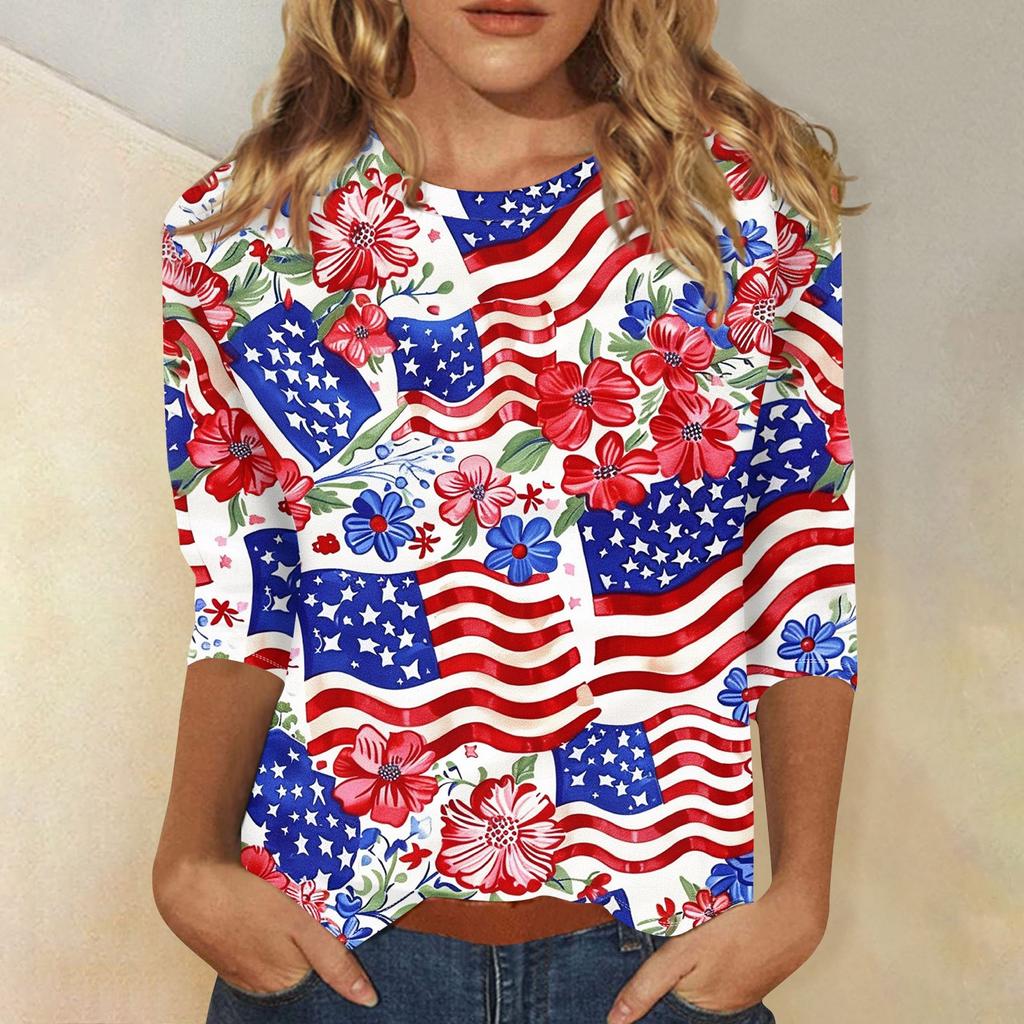 Women's Fashion Casual Three-quarter Sleeve Independence Day Printed Round Neck Top