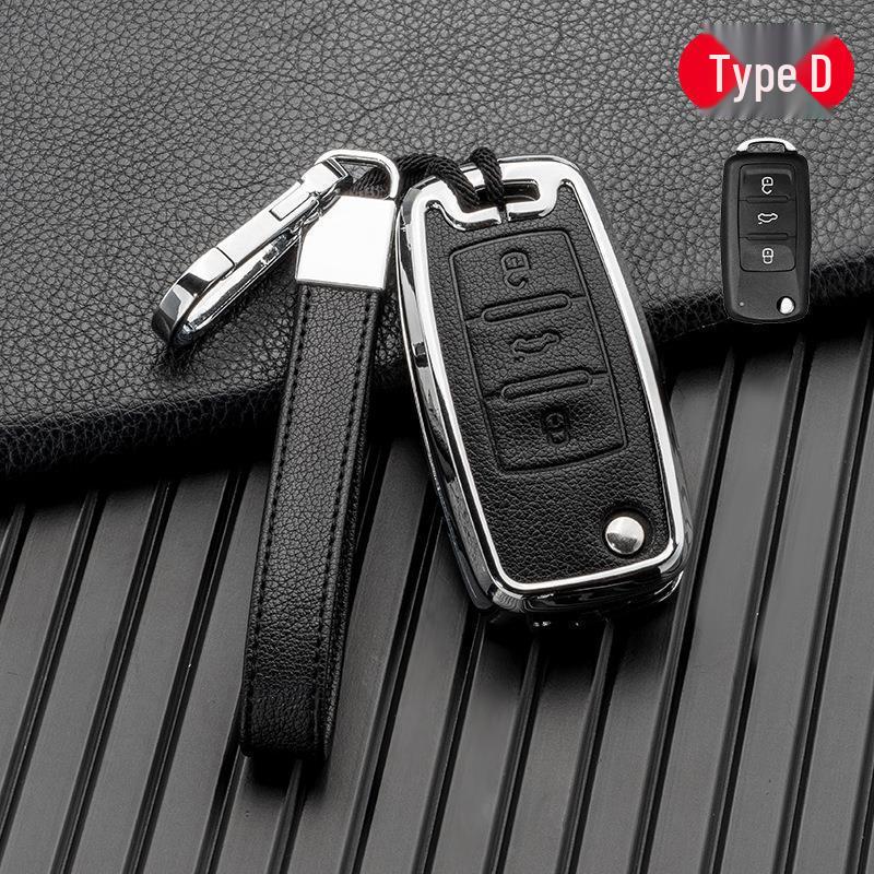 Volkswagen/Skoda Double-Sided Leather Zinc Alloy Car Key Case - Non-Signal Blocking, Full-Wrap Design