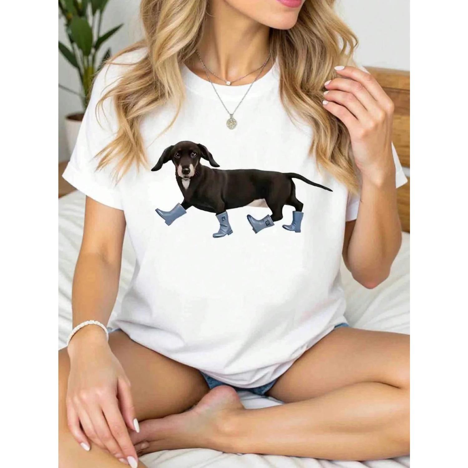 Women Summer Short Sleeve Round Neck T-Shirt Minimalist Small Dog Pattern Casual Tops S