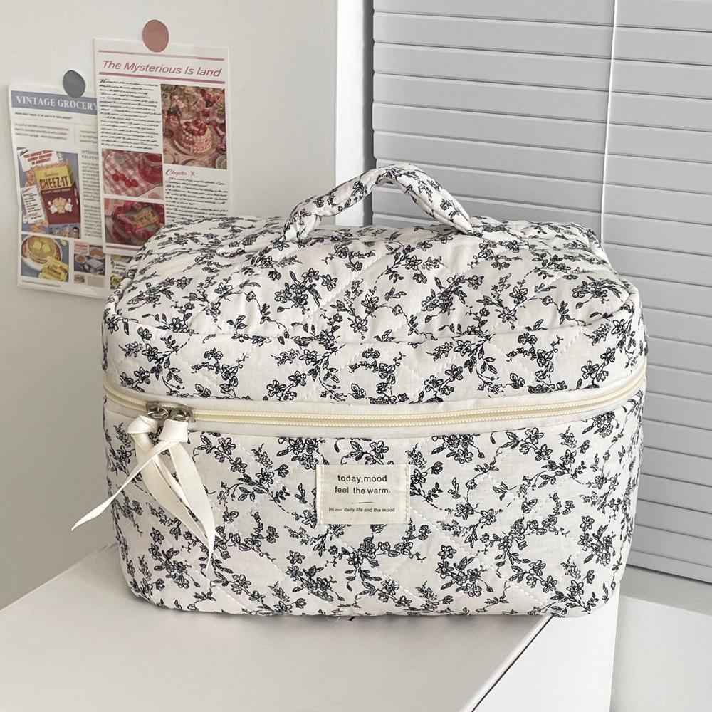 Mode Ins Zwarte Bloemen Dames Gewatteerde Tassen Handtas Reisorganizer Cosmetische Make-up Opbergtas Draagbare Ritssluiting Tote Bag