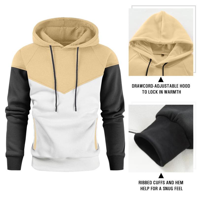 Winter Men's Fleece-Lined Hooded Sweatshirt Fashionable Patchwork Hooded Sweatshirt Casual Sports Sweatshirt Pullover Sweatshirt